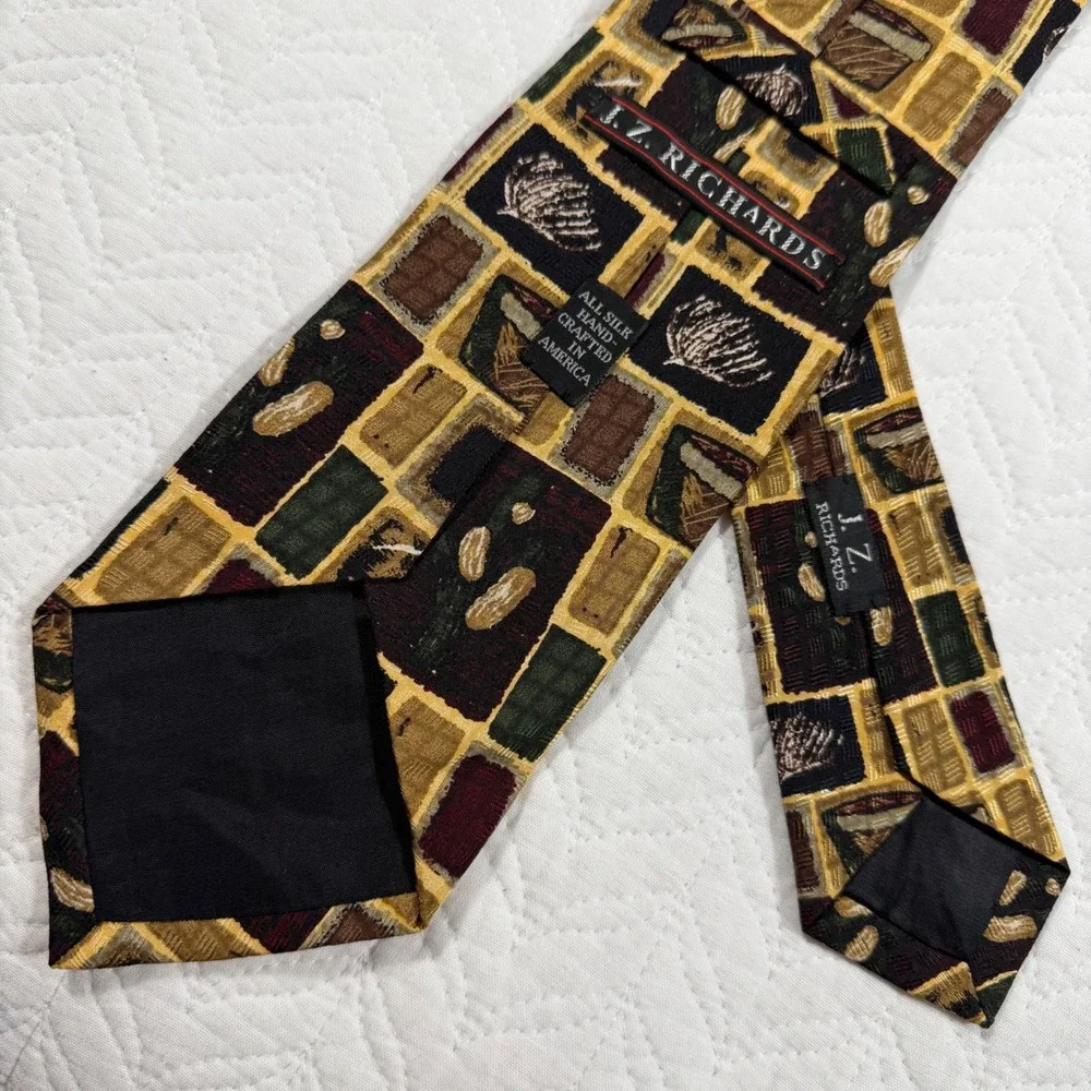 JZ Richards Mens‎ Silk Necktie Geometric Pattern Burgundy Gold Green Brown